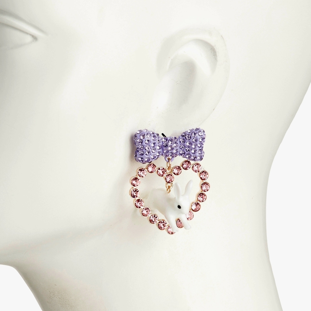 NEW Betsey Johnson Easter Bunny Bow Heart Earrings Pink Lavender Gold Tone NWT - Picture 7 of 7